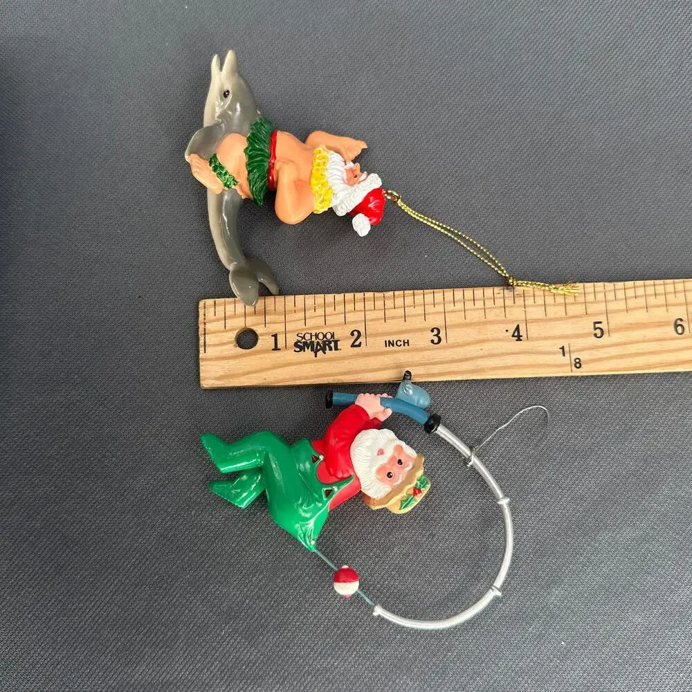 VTG 1991 Hallmark Quinn Surfing Dolphin & Fishing Santa Ornaments Lot 2 Kitschy